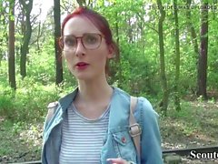 Skinny german girl with glasses fucks outdoors with casting agent