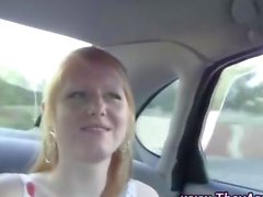 Pantiless little slut hops in dudes car