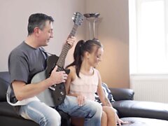 OLD4K. Petite cutie has fun with hard instrument
