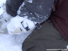 Brunette teen Ora taking a fat phallus in snow