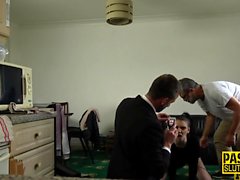 Submissive teen gags throating cock