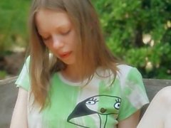 Ultra thin girl fingering on a bench