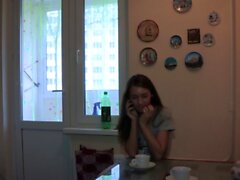 Slim cutie analyzed by her excited boyfriend in the kitchen