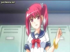 Pink-haired hentai pigtail cutie gets it on with her man in the locker room