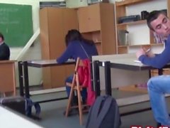 Busty brunette teen fucks in a packed class room