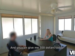 VIP4K. Blonde cutie cant pay rent so she goes to the bank for a loan