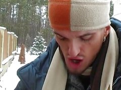 Brunette teen sucking cock in the snow