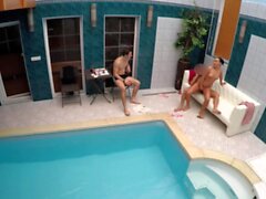 HUNT4K. Slim brunette has sex with stranger by the pool