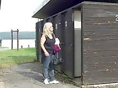 Blonde granny ride stranger's cock on public