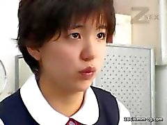 Short-haired young schoolgirl gets her Japanese cunt fucked by an older man