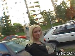 Blonde euro teen sucking dick in public for money