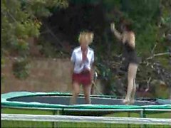 Girls on trampoline go inside for dildo sex